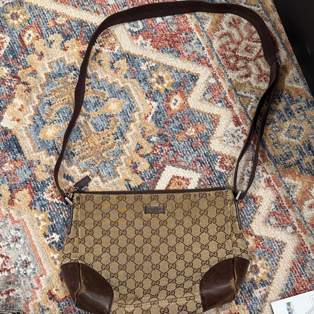 Gucci Tan and Brown Monogram Shoulder Bag